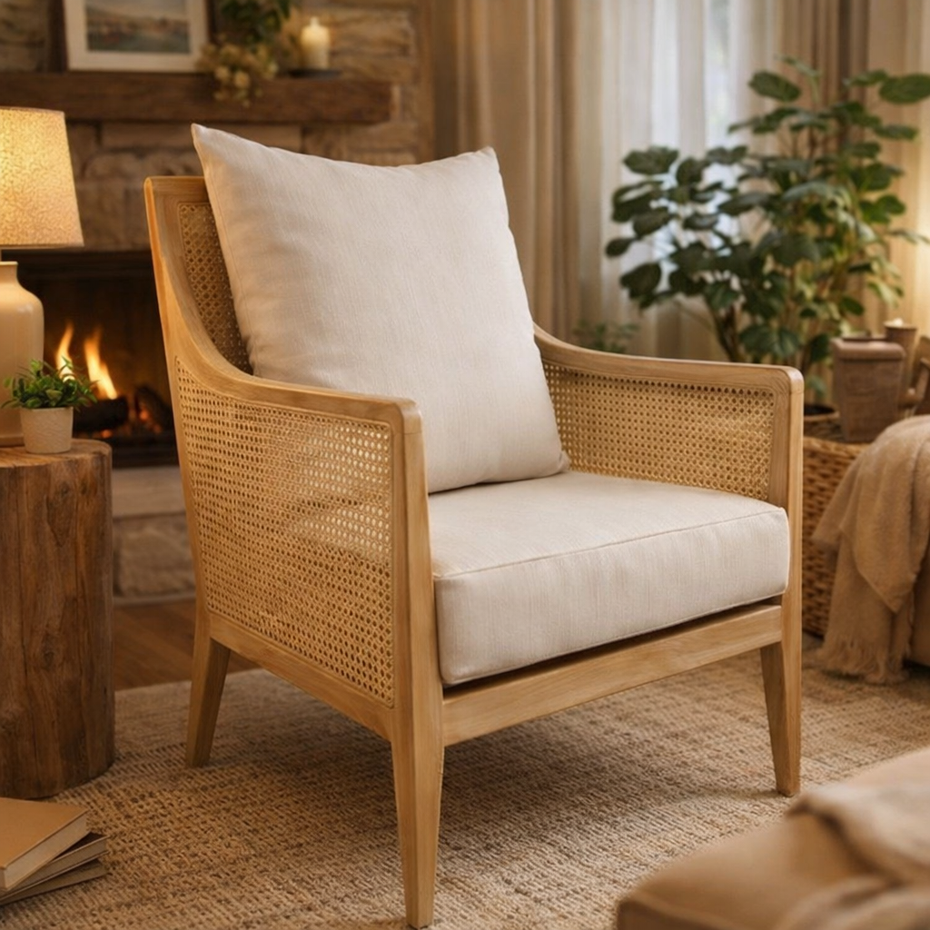 Sillón de madera y ratán natural con cojines tapizados Mia