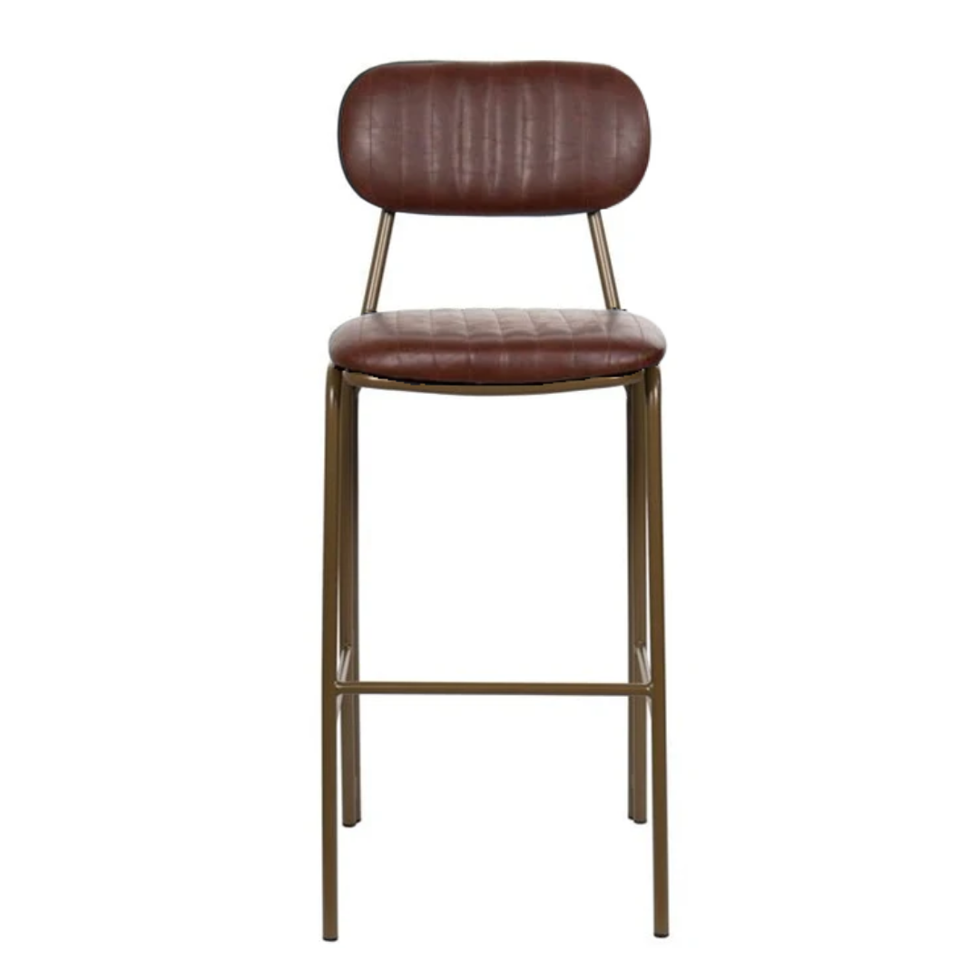 Taburete de bar vintage acero dorado y semi piel marrón Butan H75