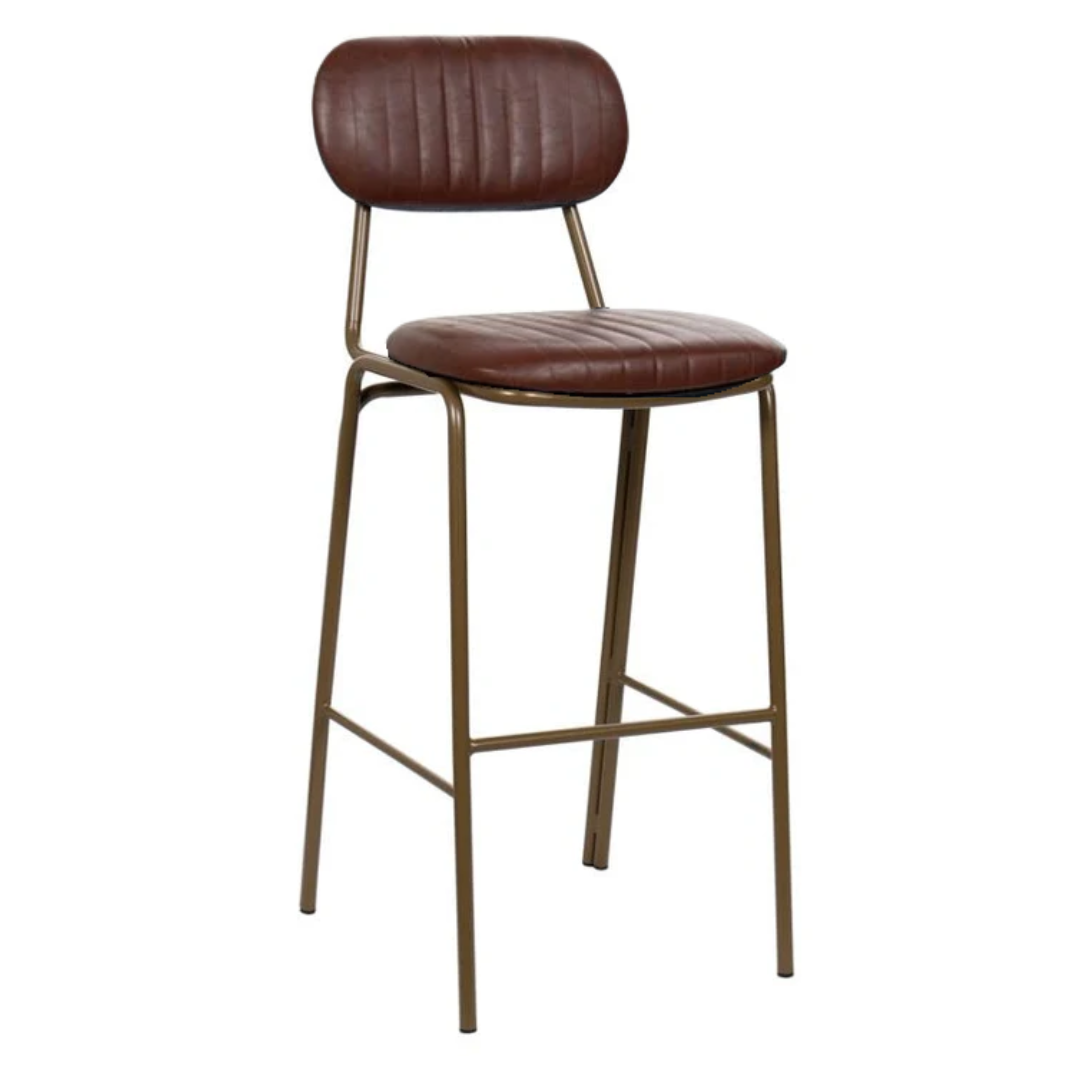 Taburete de bar vintage acero dorado y semi piel marrón Butan H75