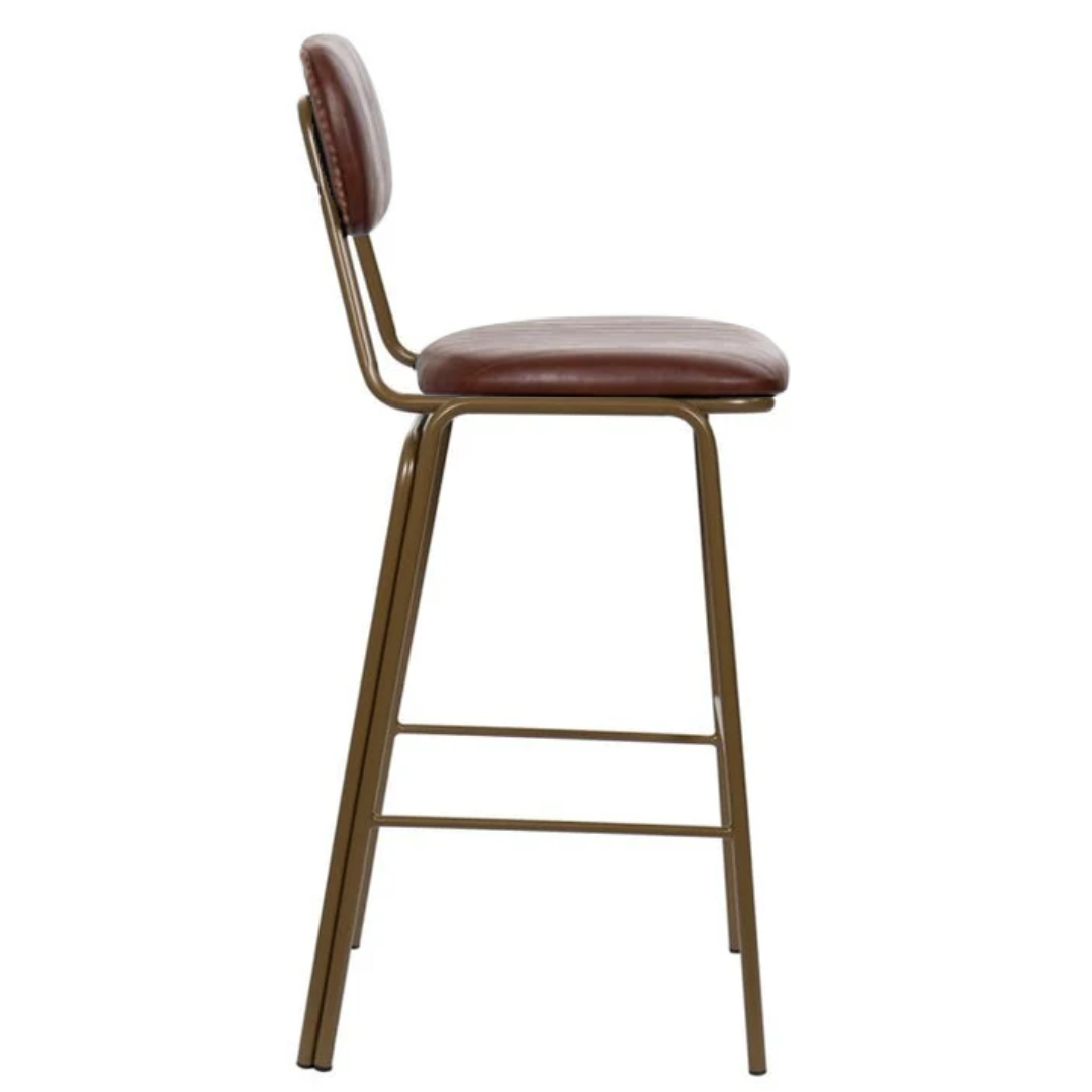 Taburete de bar vintage acero dorado y semi piel marrón Butan H75