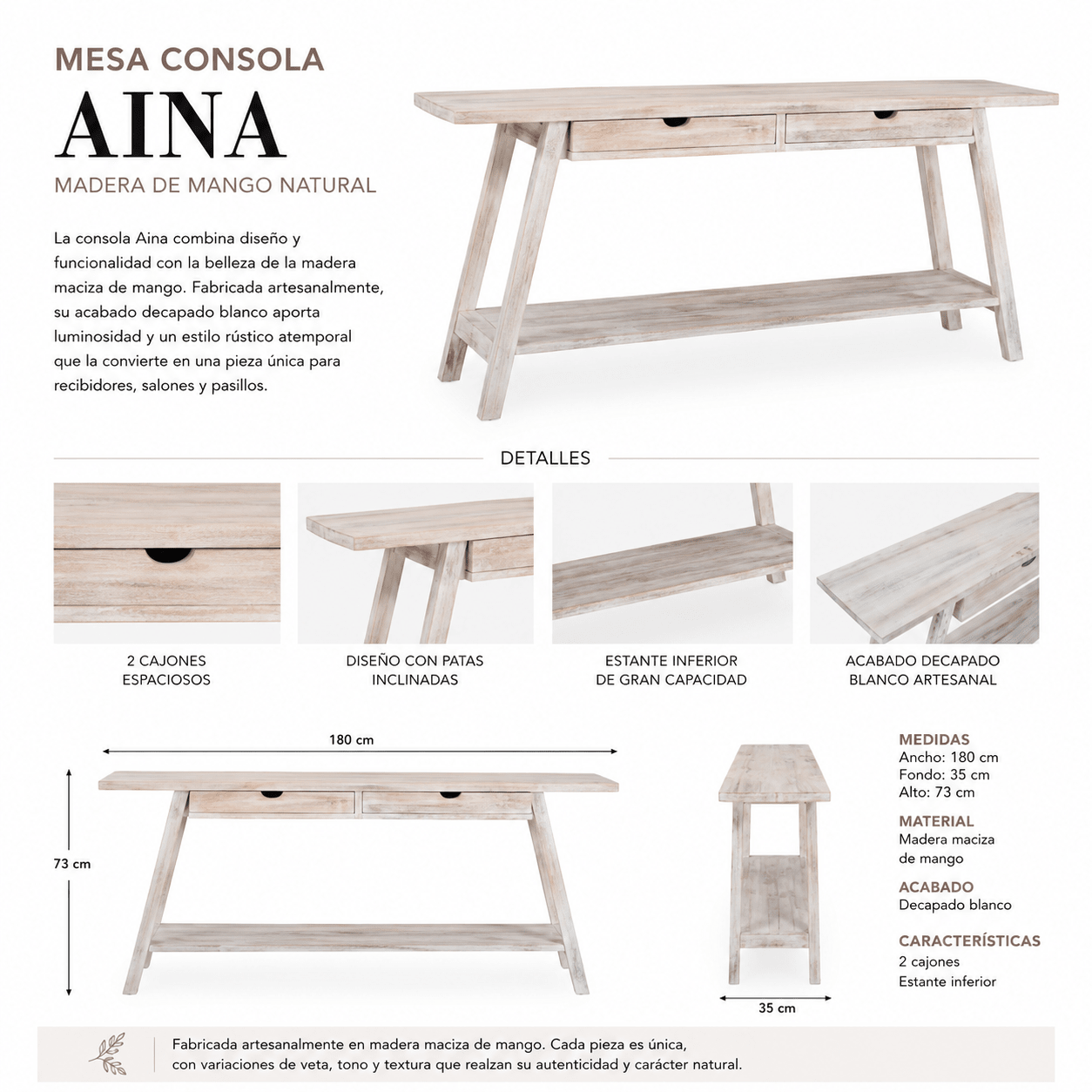 Mesa Consola Aina de Madera de Mango Natural 180 cm - Vintahome
