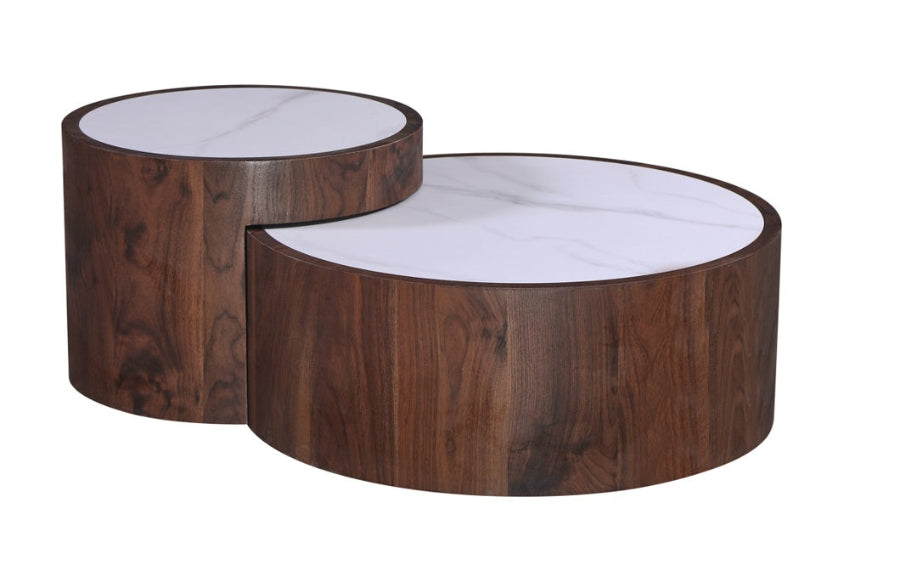 Juego de 2 mesas de centro redondas nogal y piedra sinterizada Scott