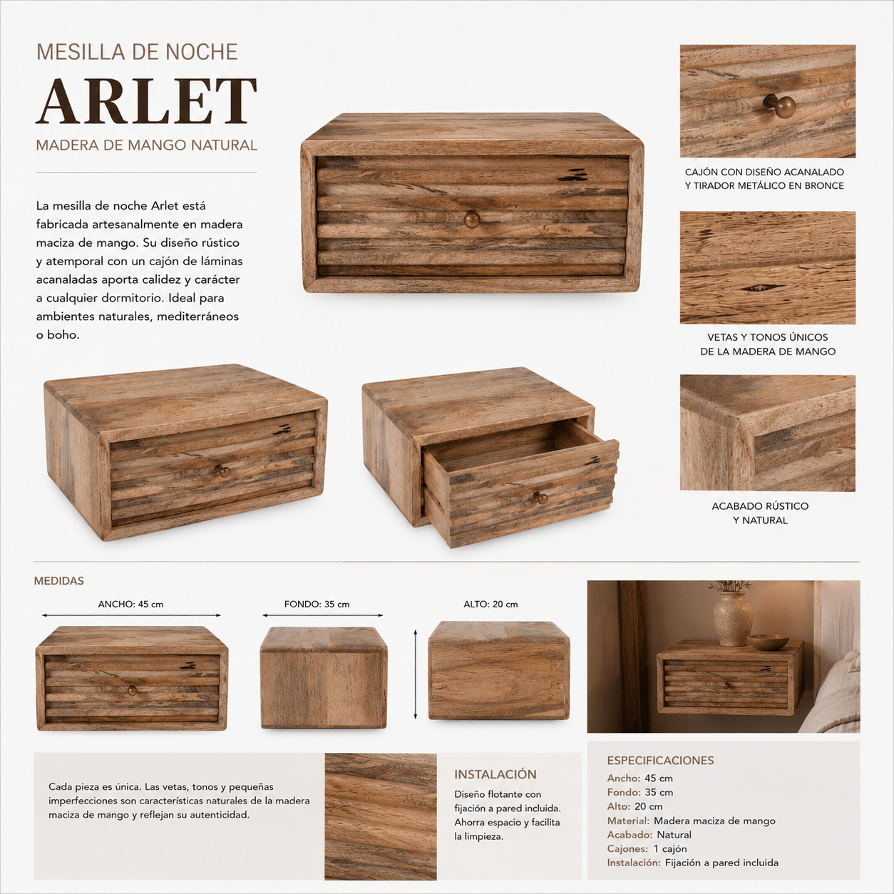 Mesilla de noche Arlet de madera de mango natural 45 cm - Vintahome