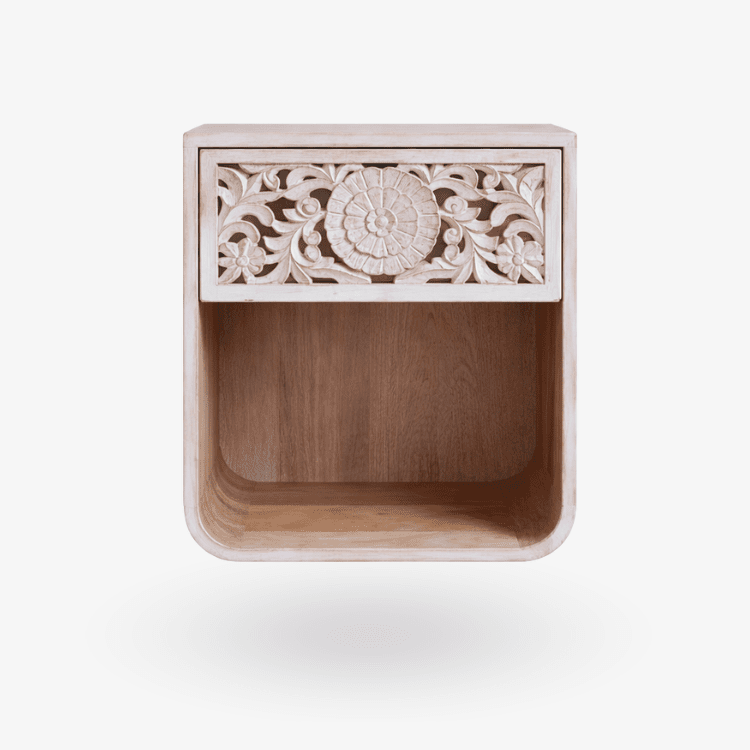 Mesilla de noche NILA en madera maciza con frente tallado – Blanco desgastado - Vintahome