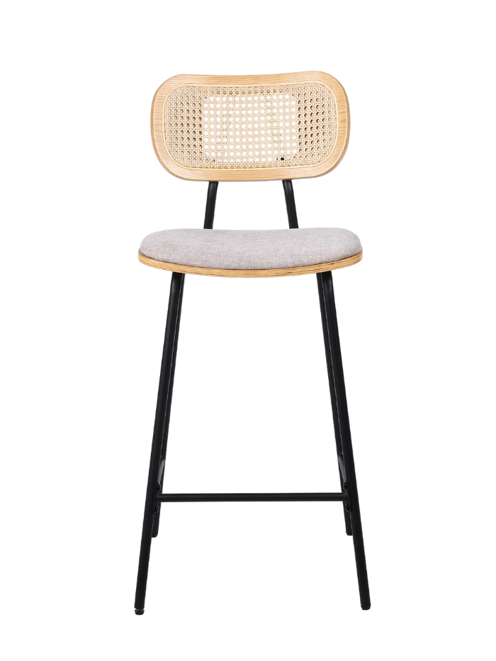 Taburete de bar H65 madera natural, ratán y tela beige Alan - Vintahome