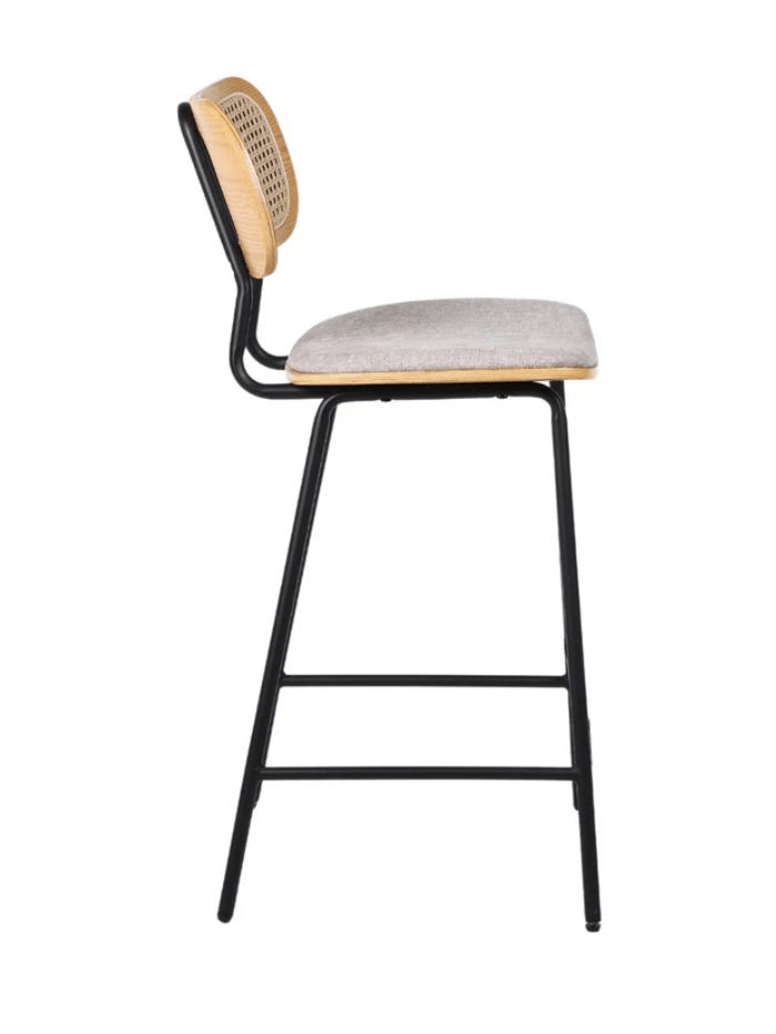 Taburete de bar H65 madera natural, ratán y tela beige Alan - Vintahome