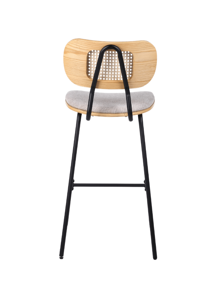 Taburete de bar H65 madera natural, ratán y tela beige Alan - Vintahome