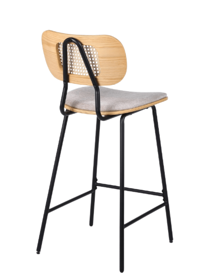 Taburete de bar H65 madera natural, ratán y tela beige Alan - Vintahome