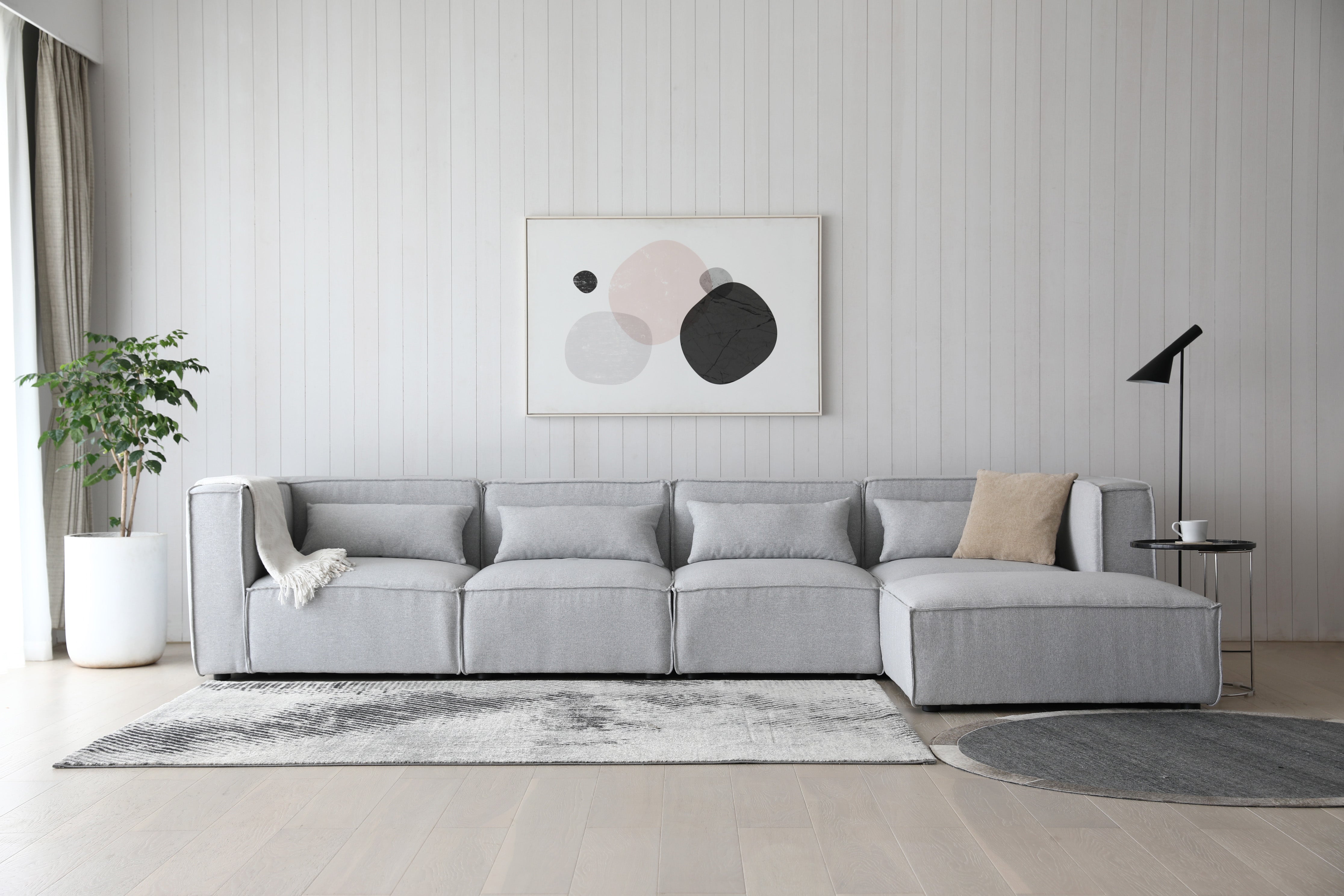 Sofá modular multiposição de 4 lugares com Puff Galeon cinzento
