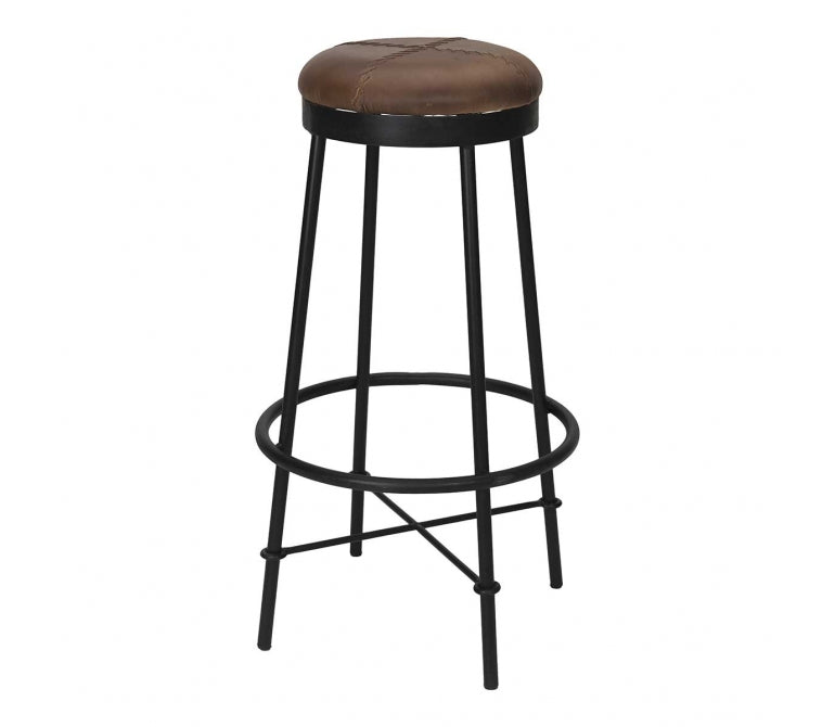 Tabouret de bar vintage en acier noir et cuir Artisan