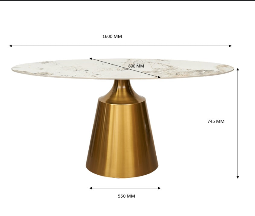 Mesa de comedor base dorada tapa oval 160 cm
