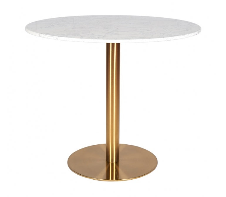 Tavolo da bar con base dorata e piano rotondo in marmo bianco 90Ø