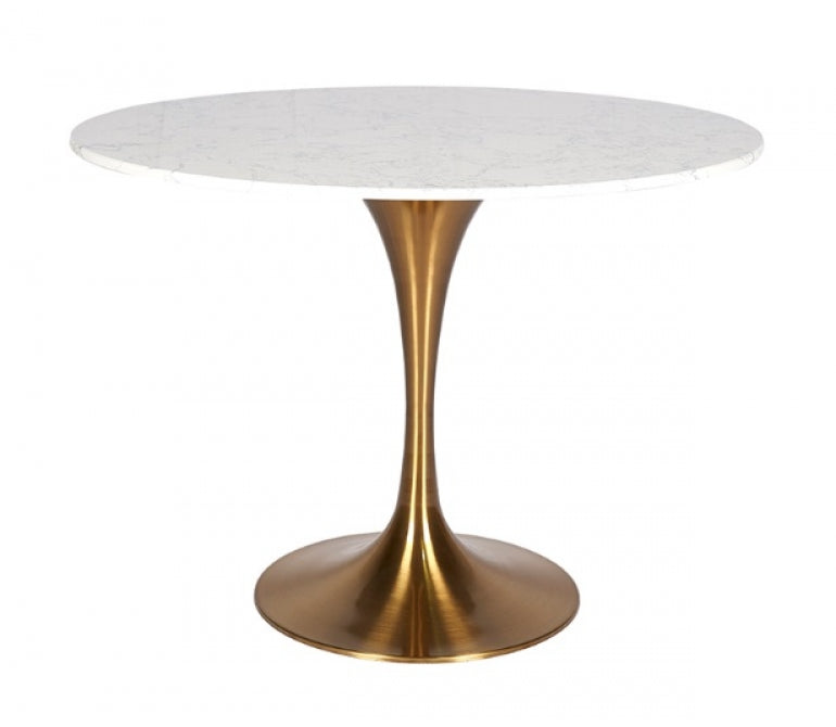 Mesa de jantar com base dourada e mármore branco