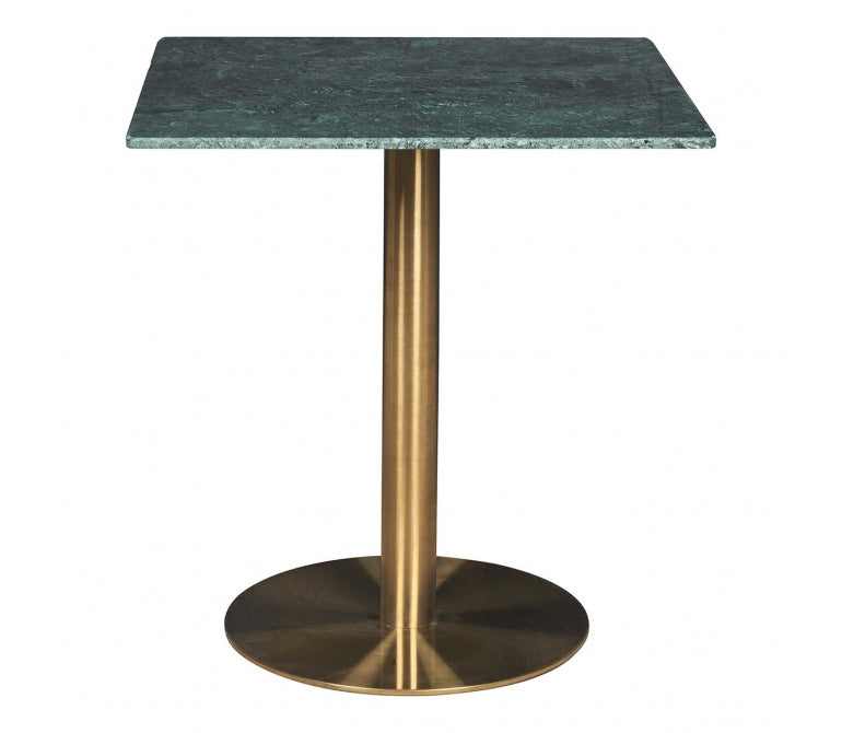 Mesa bar base dorada tablero cuadrado mármol verde 70x70